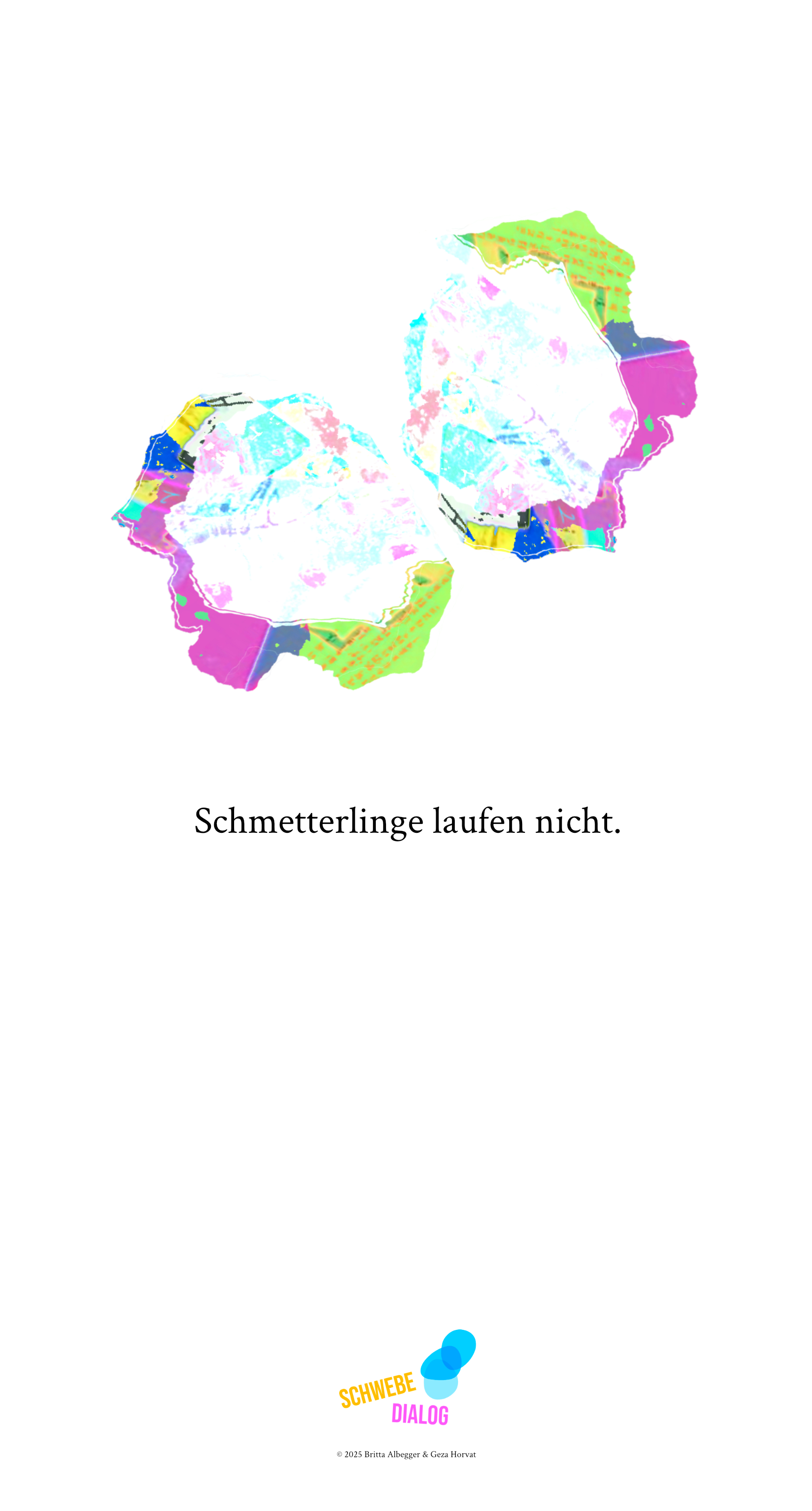 Das Bild hat einen weißen Hintergrund. Oben sind zwei bunte, abstrakte Formen, die an Schmetterlingsflügel erinnern. Die Formen erscheinen in leuchtenden Farben wie Pink, Blau, Gelb und Grün in einer Collage-ähnlichen Textur. In der Mitte steht in schwarzer Schrift der Satz: „Schmetterlinge laufen nicht.“. Ganz unten befindet sich das Logo „Schwebedialog“.